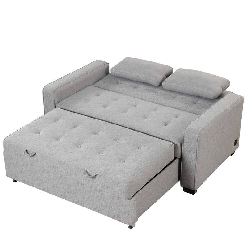 Upholstered Sleeper Bed, Pull Out Sofa Bed Couch Attached Two Throw Pillows, Dual USB Charging Port And Adjustable Backrest For Living Room Space