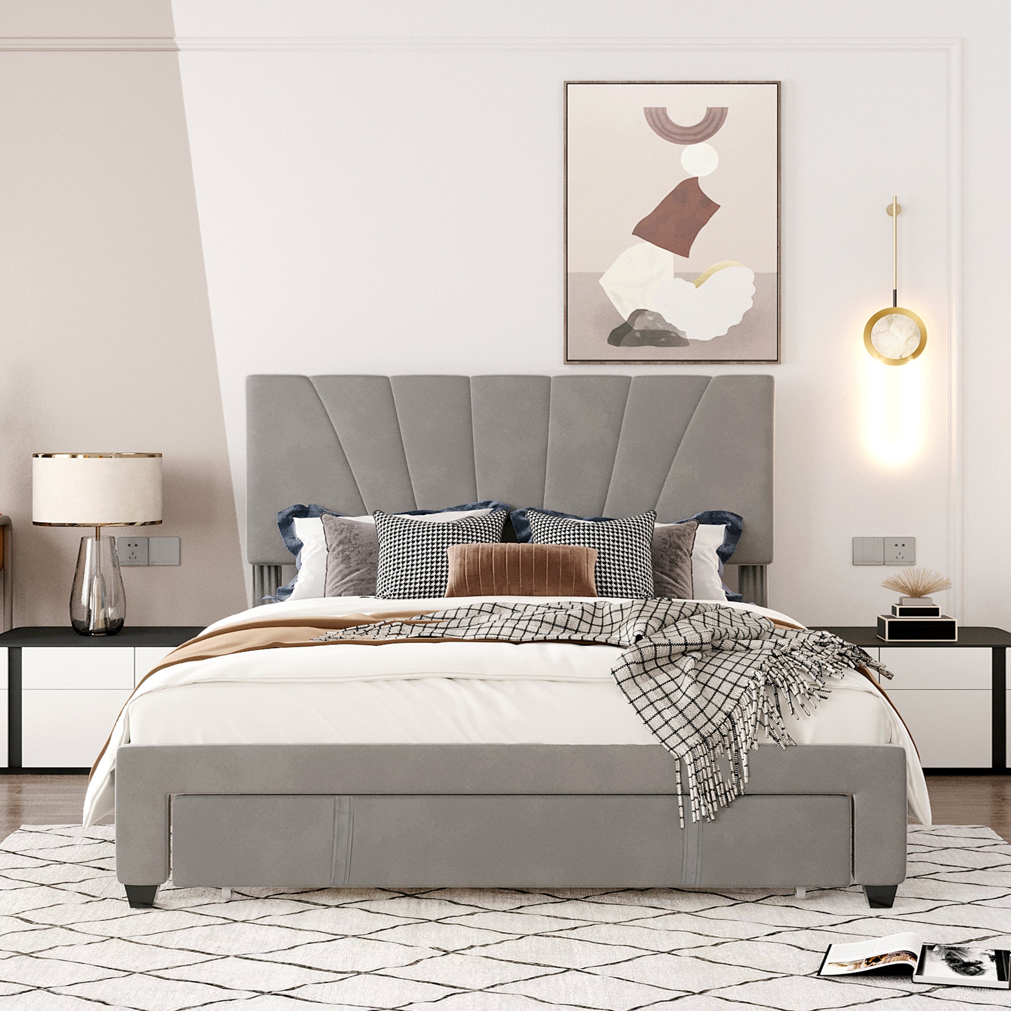 Queen Size Storage Bed Velvet Upholstered Platform Bed with a Big Drawer - Gray - Atlantic Fine Furniture Melbourne FL