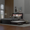 Full XL Size Platform Bed with Storage LED Headboard, Charging Station, Twin Size Trundle and 2 Drawers, Dark Brown