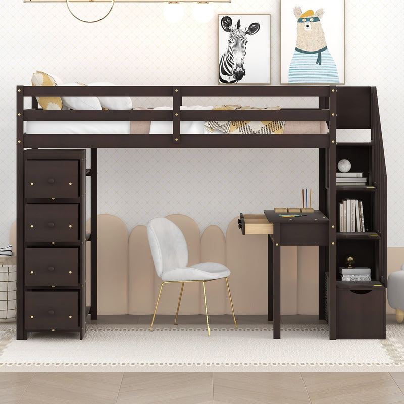 Twin size Loft Bed with Storage Drawers ,Desk and Stairs, Wooden Loft Bed with Shelves - Espresso