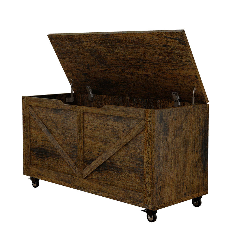 Rustic Wooden Storage Chest With Wheels And Safety Hinge, 300 Lb Capacity - Rustic Brown