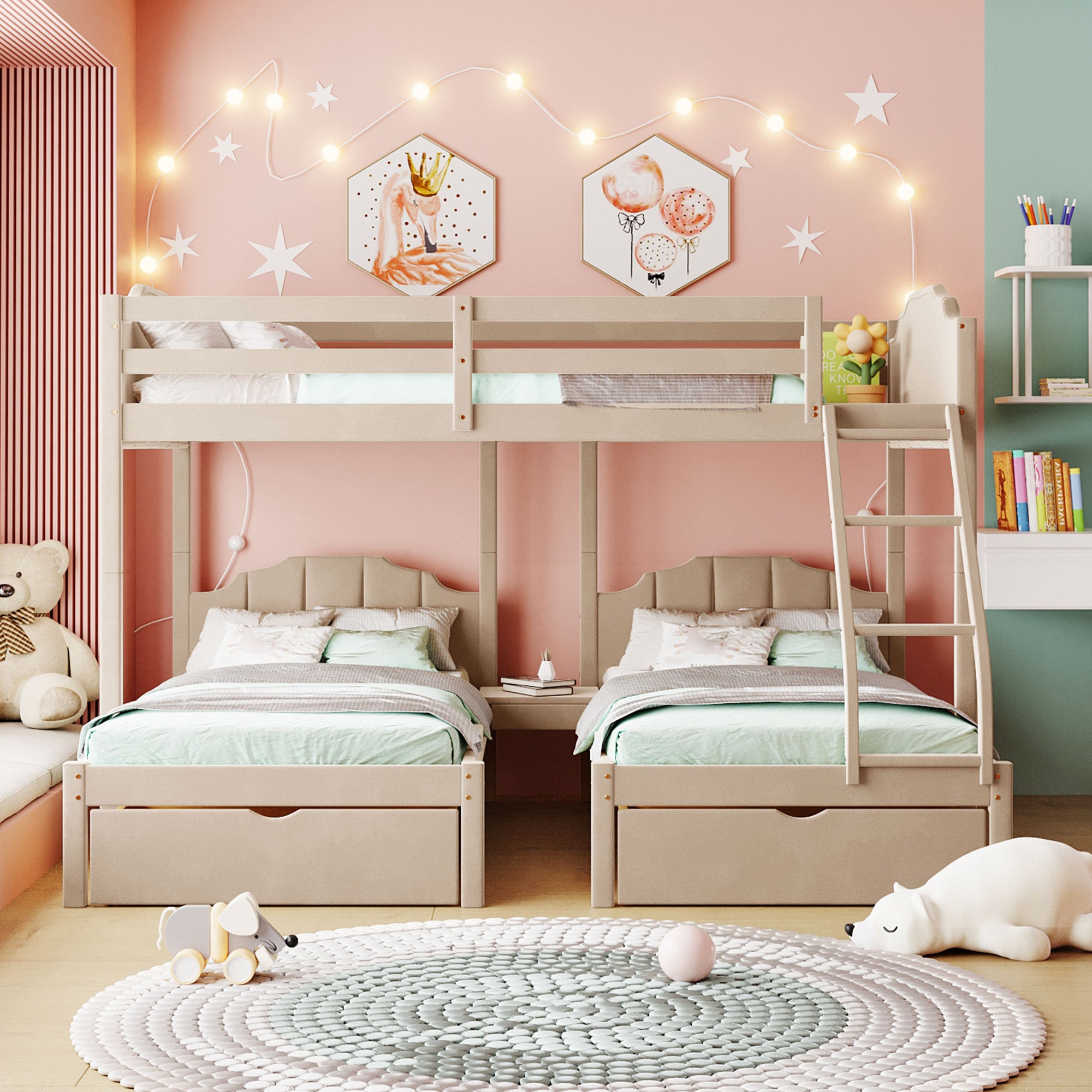 Full Over Twin & Twin Bunk Bed, Velvet Triple Bunk Bed with Drawers and Guardrails, Beige - Atlantic Fine Furniture Melbourne FL