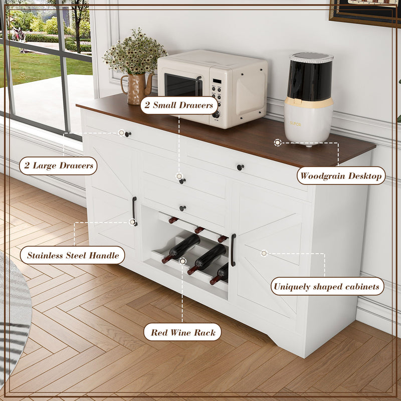 Rustic Farmhouse Kitchen Island With Storage Cabinet, Wood Top Breakfast Bar - White