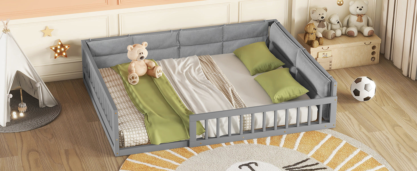 Wood Full Size Upholstered Platform Bed with Guardrail and Pillow, Gray - Atlantic Fine Furniture Melbourne FL