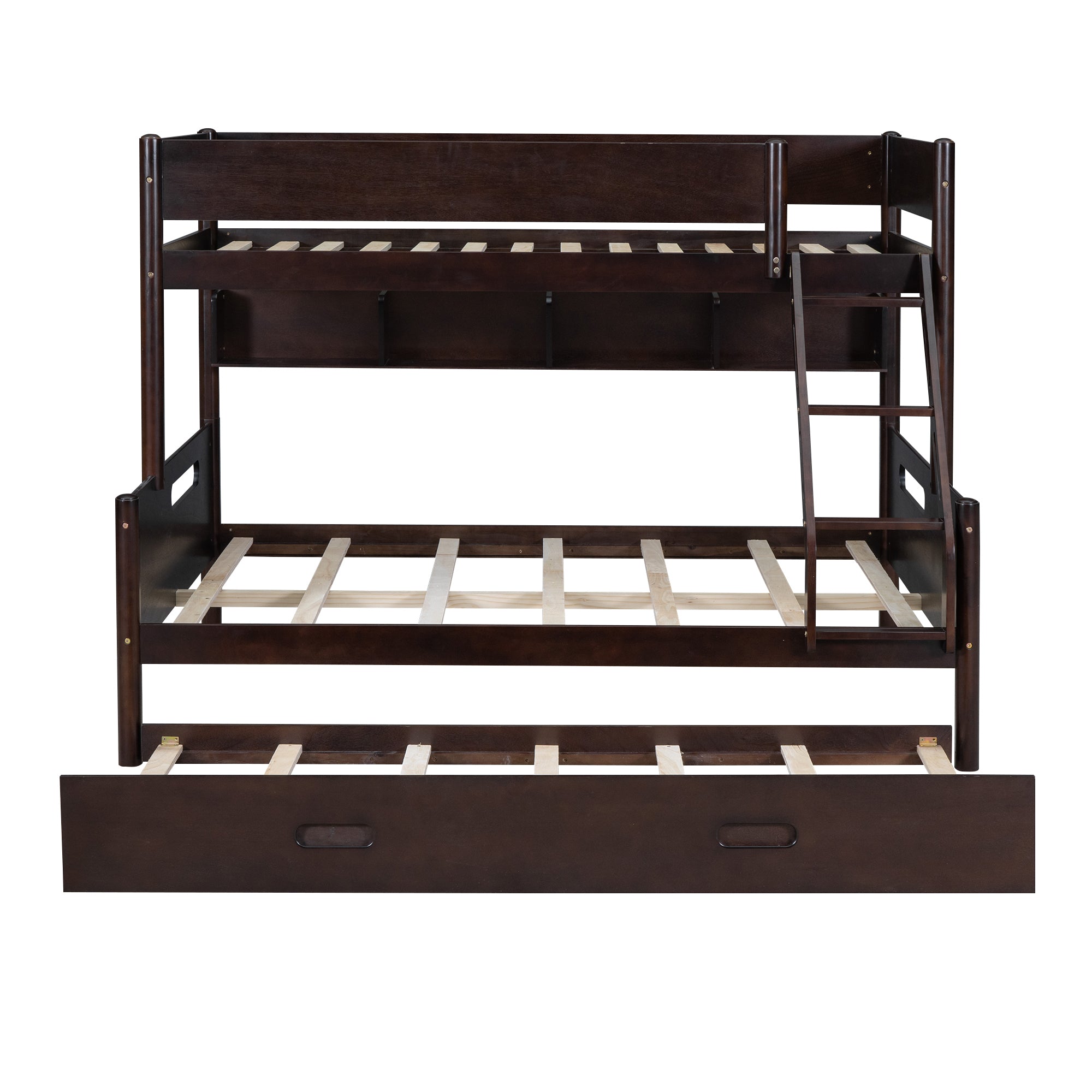 Wood Twin over Full Bunk Bed with Storage Shelves and Twin Size Trundle, Espresso - Atlantic Fine Furniture Melbourne FL
