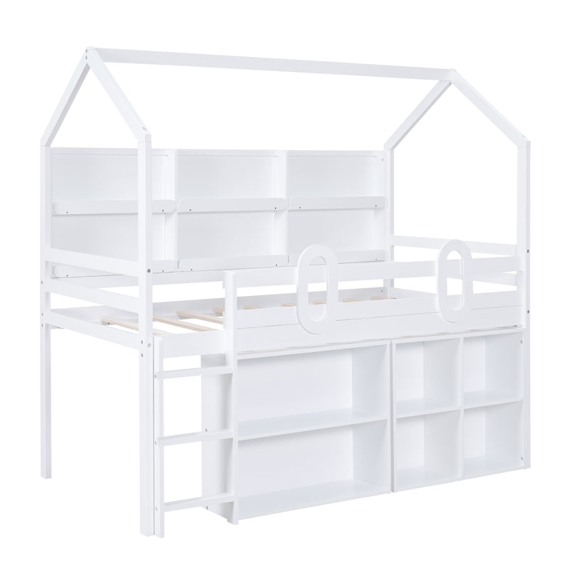 Twin Size House Loft Bed with Multiple Storage Shelves, White