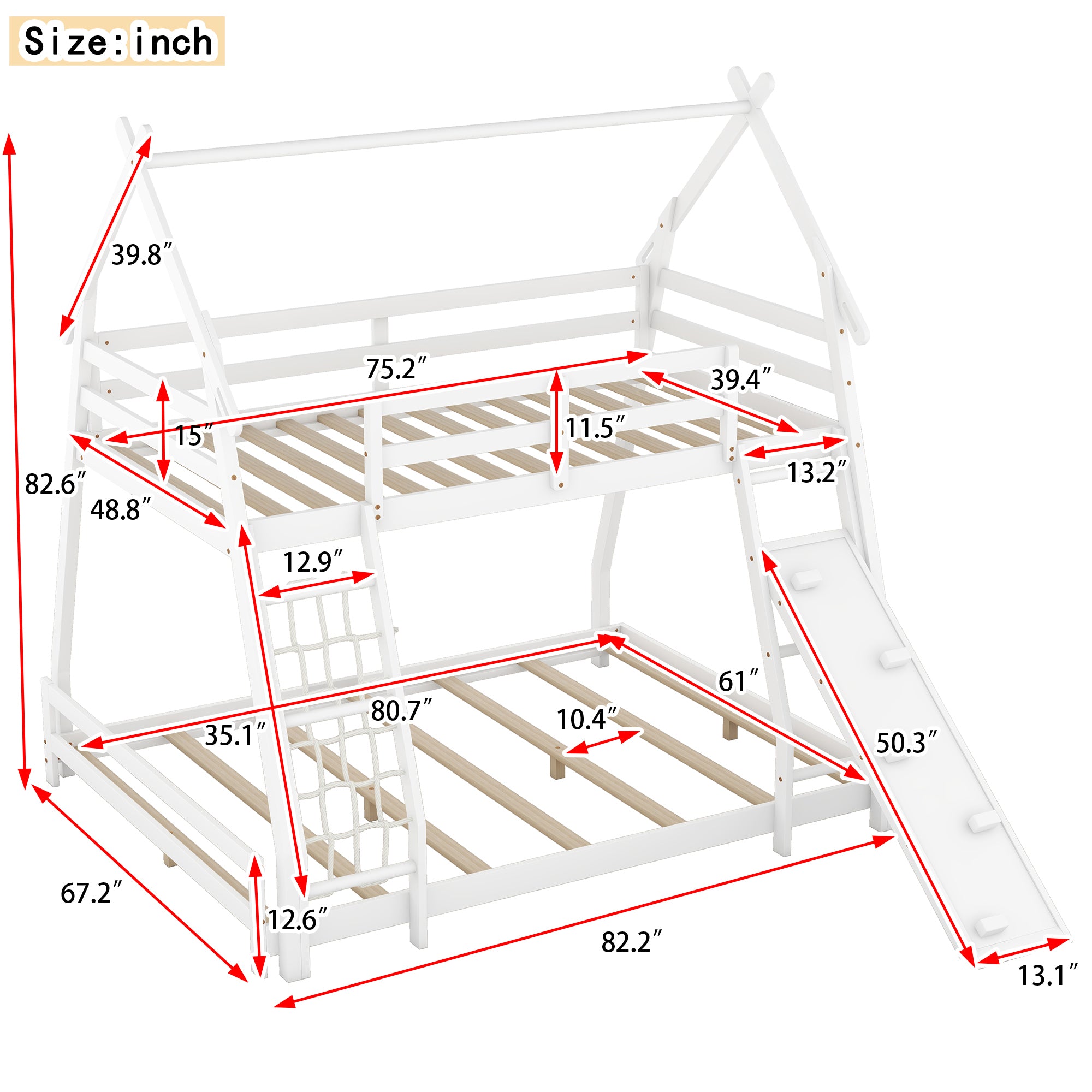 Twin over Queen House Bunk Bed with Climbing Nets and Climbing Ramp, White - Atlantic Fine Furniture Melbourne FL