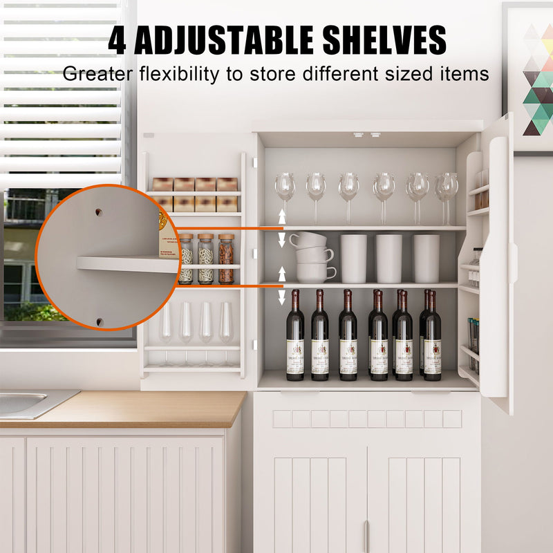 Farmhouse Style Pantry Cabinet With Drawer 2 Cabinets & 6 Door Shelves Adjustable Shelves Freestanding Cupboard - White
