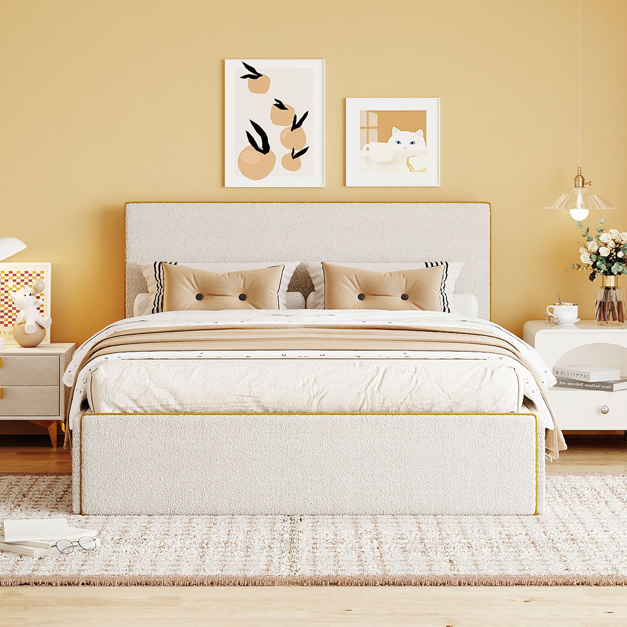 Full Size Upholstered Platform Bed with 4 Drawers and Golden Edge on the Headboard & Footboard, White - Atlantic Fine Furniture Melbourne FL
