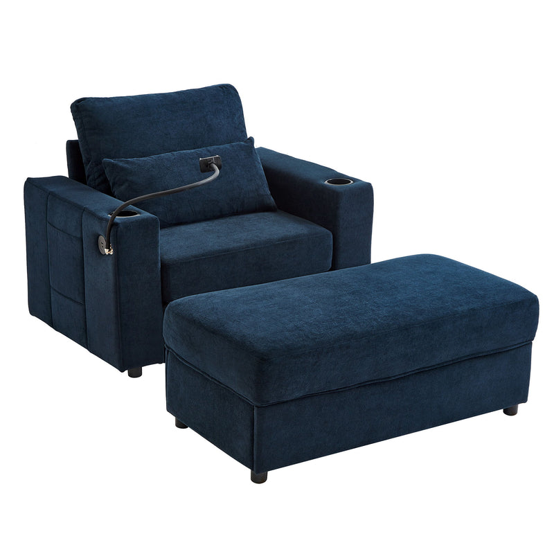 Modern Style Armchair Chaise Lounge Sofa Couch With Movable Storage Ottoman, USB Ports, Cup Holders, Phone Holder, Side Pockets