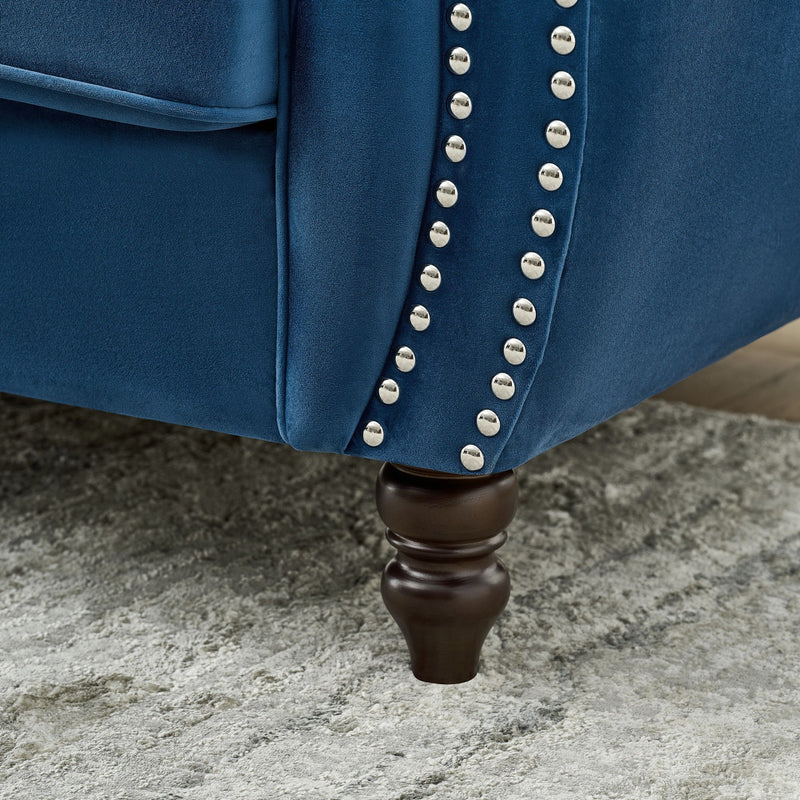 Chesterfield Velvet Fabric Sofa With Roll Armrest And Nailhead, Mid Century 2 Seater Couch In Blue