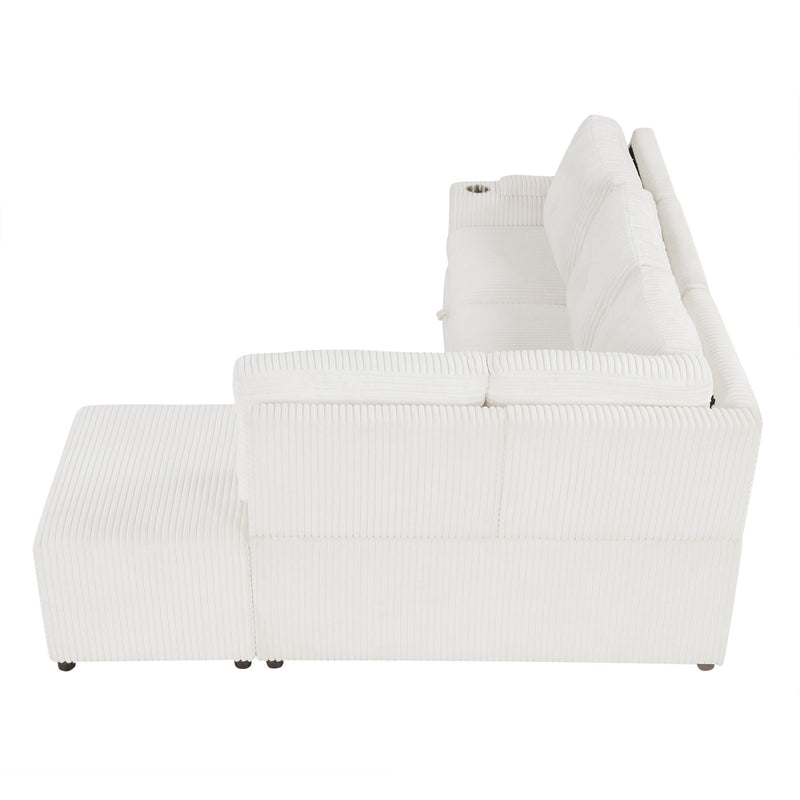 Pull-Out L-Shaped Sectional Sofa With Movable Ottoman And Stool, Large Storage Space, A Cup Holder, And 2 USB Ports For Living Room