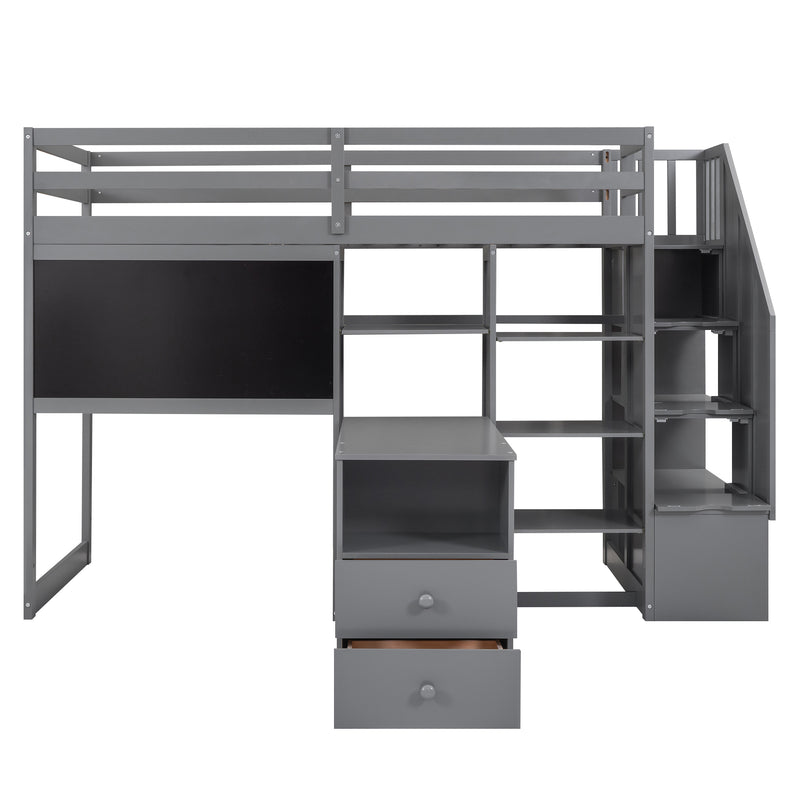 Twin Size Loft Bed with Pullable Desk and Storage Shelves,Staircase and Blackboard,Gray