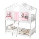 House Bunk Bed With Roof, Window, Window Box, Door, With Safety Guardrails And Ladder