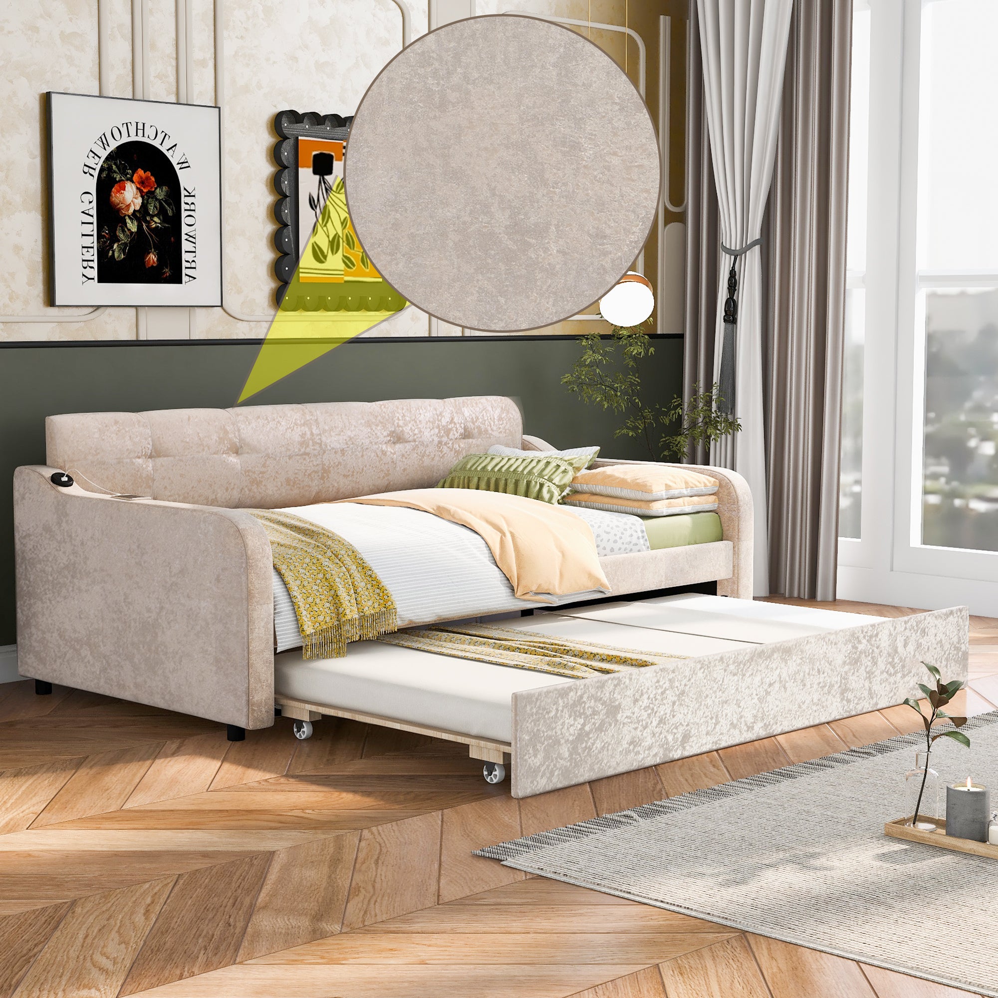Twin Size Snowflake Velvet Daybed with Trundle and USB Charging Design,Beige - Atlantic Fine Furniture Melbourne FL