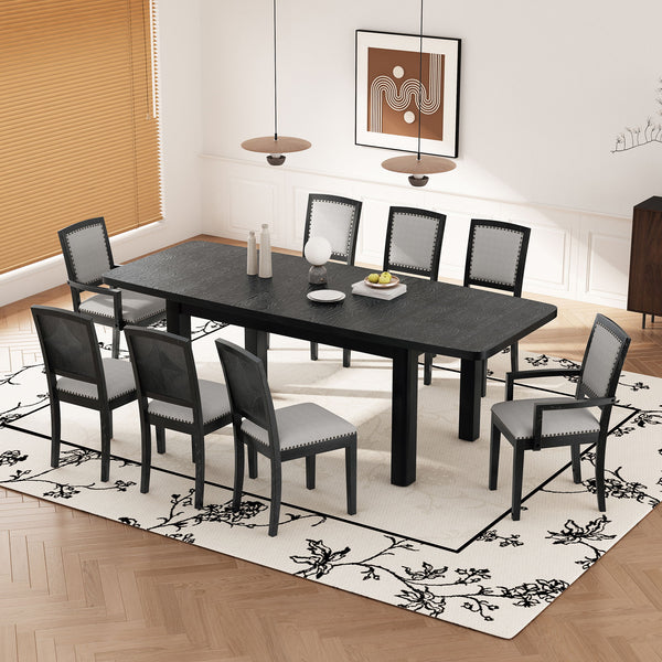 Topmax - Rustic Extendable Dining Table Set With Removable Leaf, 6 Upholstered Armless Dining Chairs And 2 Padded Arm Chairs, 9 Pieces