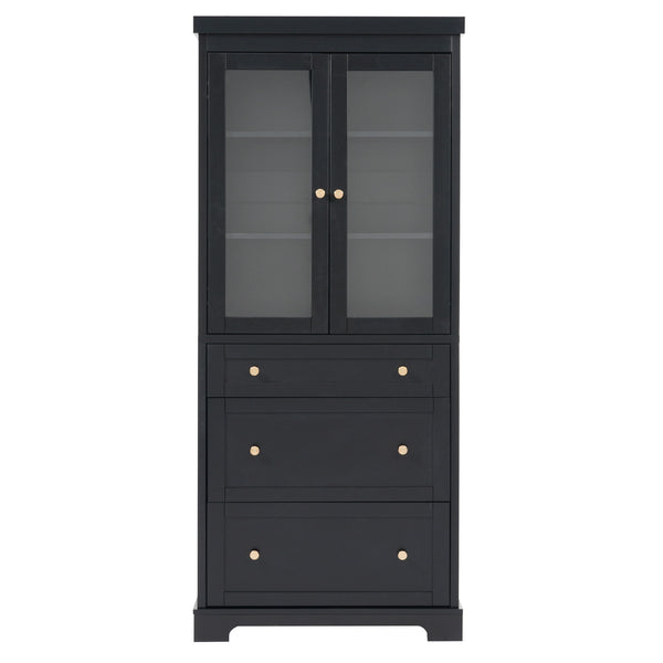 Freestanding Tall Bathroom Cabinet With Adjustable Shelves, Drawers, Soft Close Glass Doors - Black