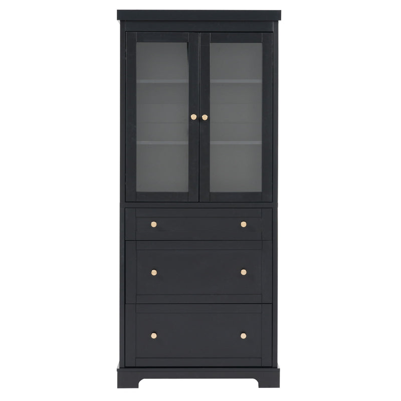 Freestanding Tall Bathroom Cabinet With Adjustable Shelves, Drawers, Soft Close Glass Doors - Black