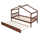 Twin Size Wooden House Bed with Twin Size Trundle, Walnut