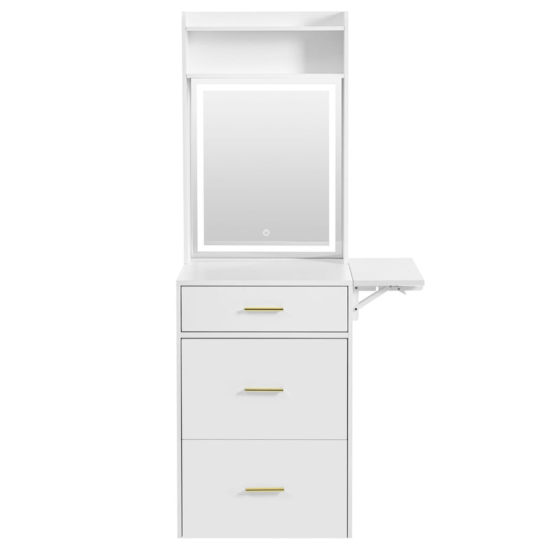 Small Vanity Desk With Mirror And Light, Dressing Table With Charging Station & Fold Up Panel For Small Space, Compact Makeup Vanity Set With Hidden Stool For Bedroom - White