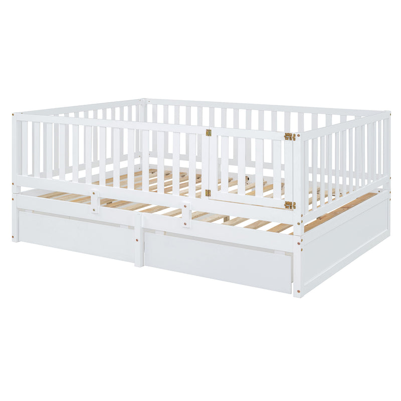 Daybed With Fence Guardrails And 2 Drawers, Split Into Independent Floor Bed & Daybed