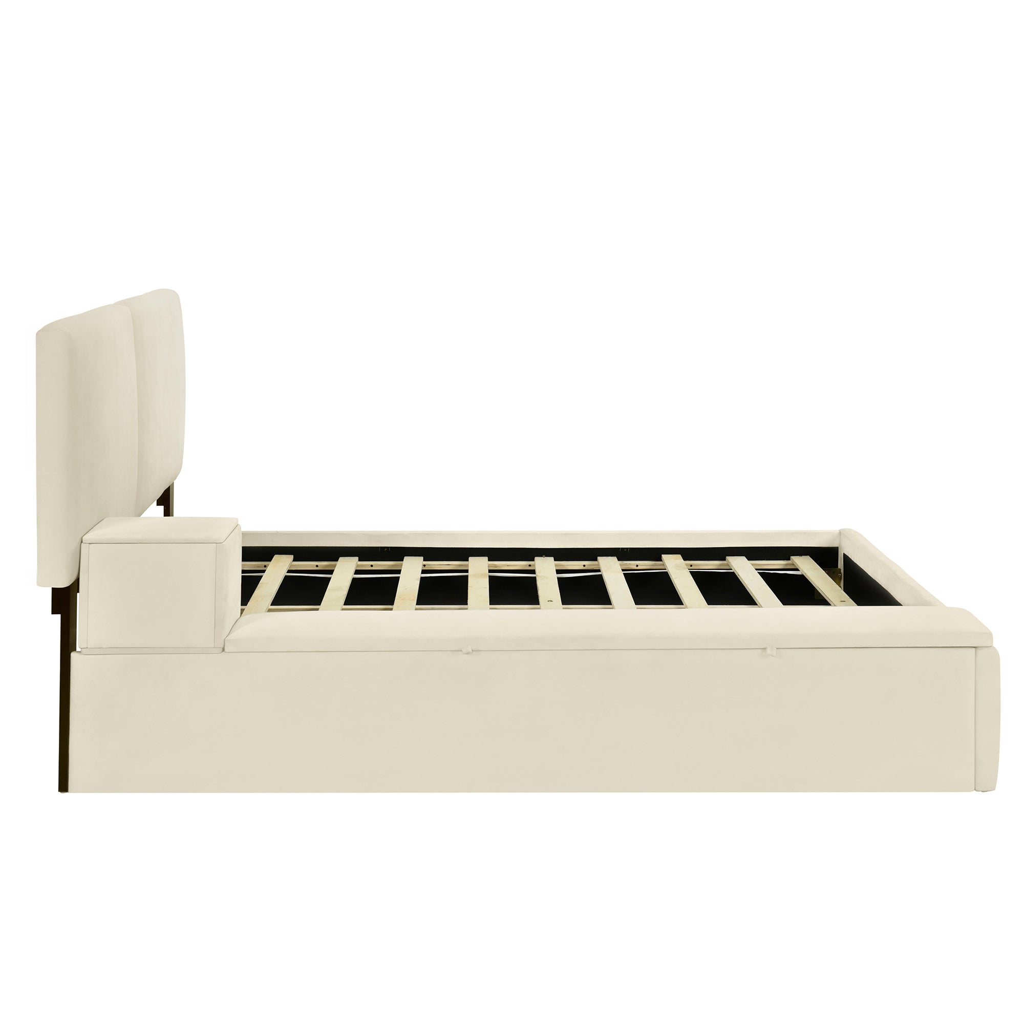 Queen Size Upholstered Platform Bed with Lateral Storage Compartments and Thick Fabric, Velvet, Beige - Atlantic Fine Furniture Melbourne FL
