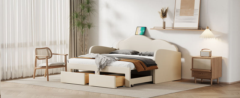 Upholstered Daybed With Cloud-Shaped Backrest, Trundle & 2 Drawers And USB Ports