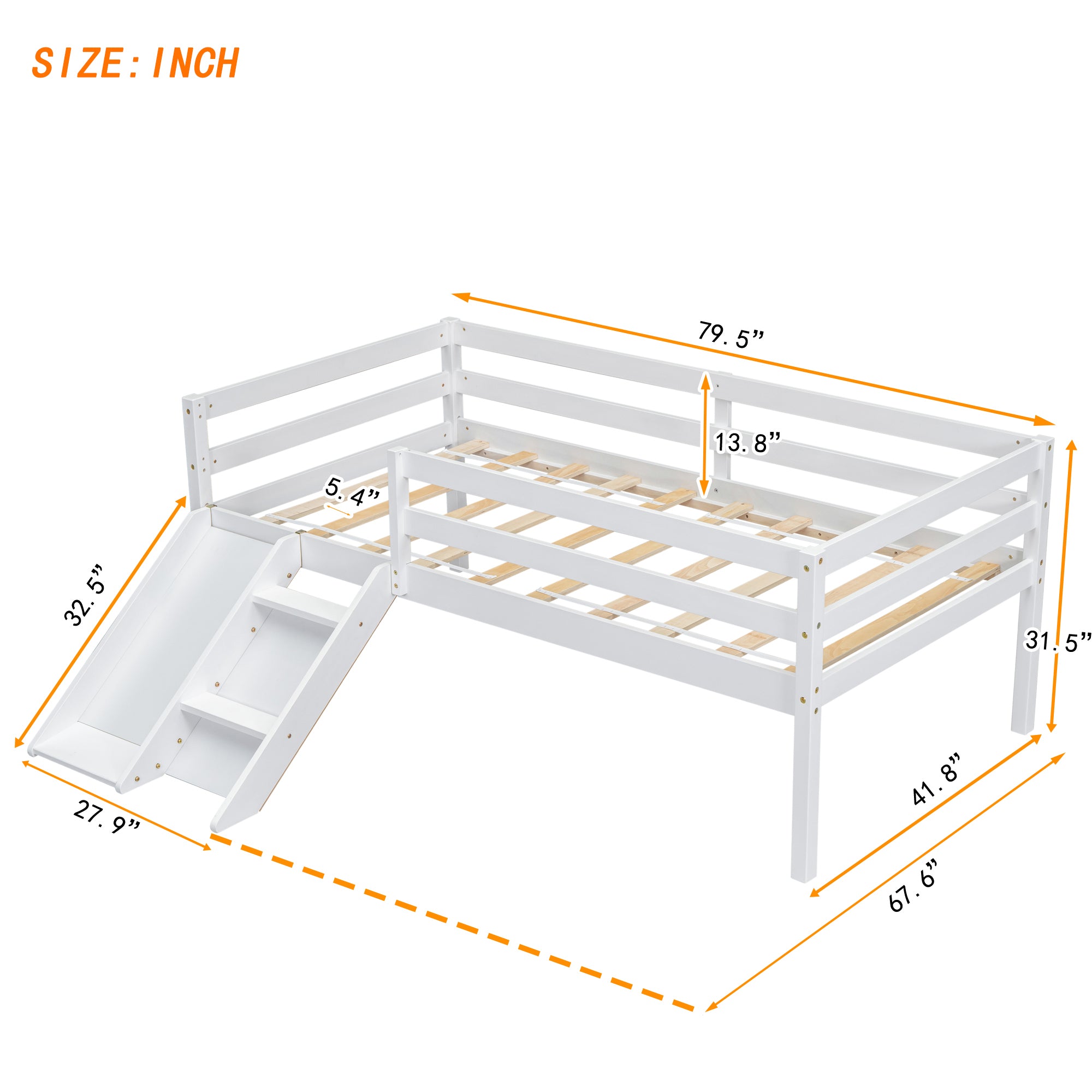 Twin Low Loft Bed with Slide,  Ladder, Safety Guardrails, No Box Spring Needed,White