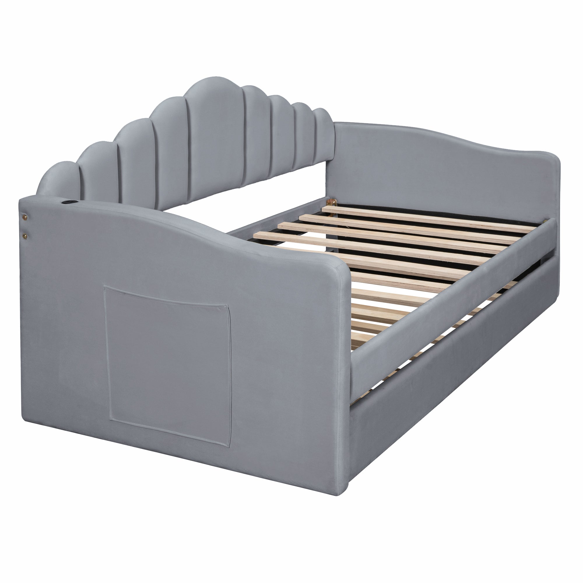 Twin size Upholstered Daybed with Trundle ,Velvet Sofabed with USB Charging Ports,No Box-spring Needed,Gray - Atlantic Fine Furniture Melbourne FL