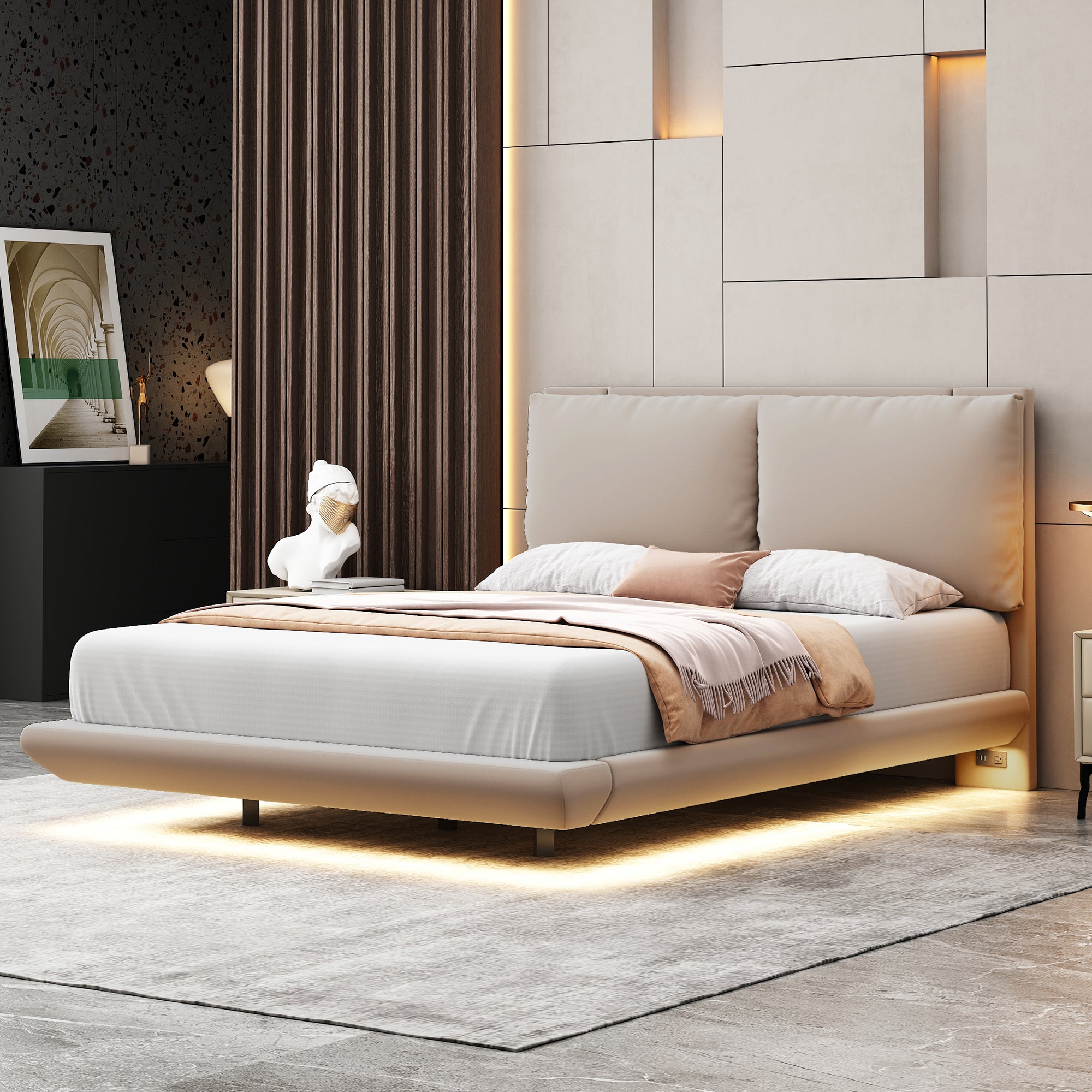 Full Size Upholstered Platform Bed with Sensor Light and 2 Large Backrests, Stylish Platform Bed with 2 sets of USB Port and Socket on each rear Bed Leg, Beige - Atlantic Fine Furniture Melbourne FL