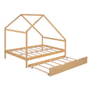 Full Size Wooden House Bed With Twin Size Trundle, Natural