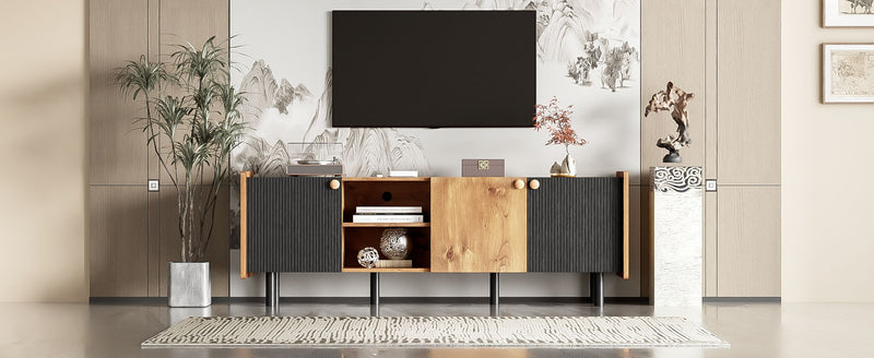 Mid Century TV Stand & 3 Cabinets, Media Console Table For Tvs Up To 70'', Entertainment Center With Storage For Living Room - Black / Brown