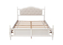 Pine Wooden Bed With Upholstered Headboard And Panel Footboard, With Two Bed Rail Support Feet And Central Platform Support Feet