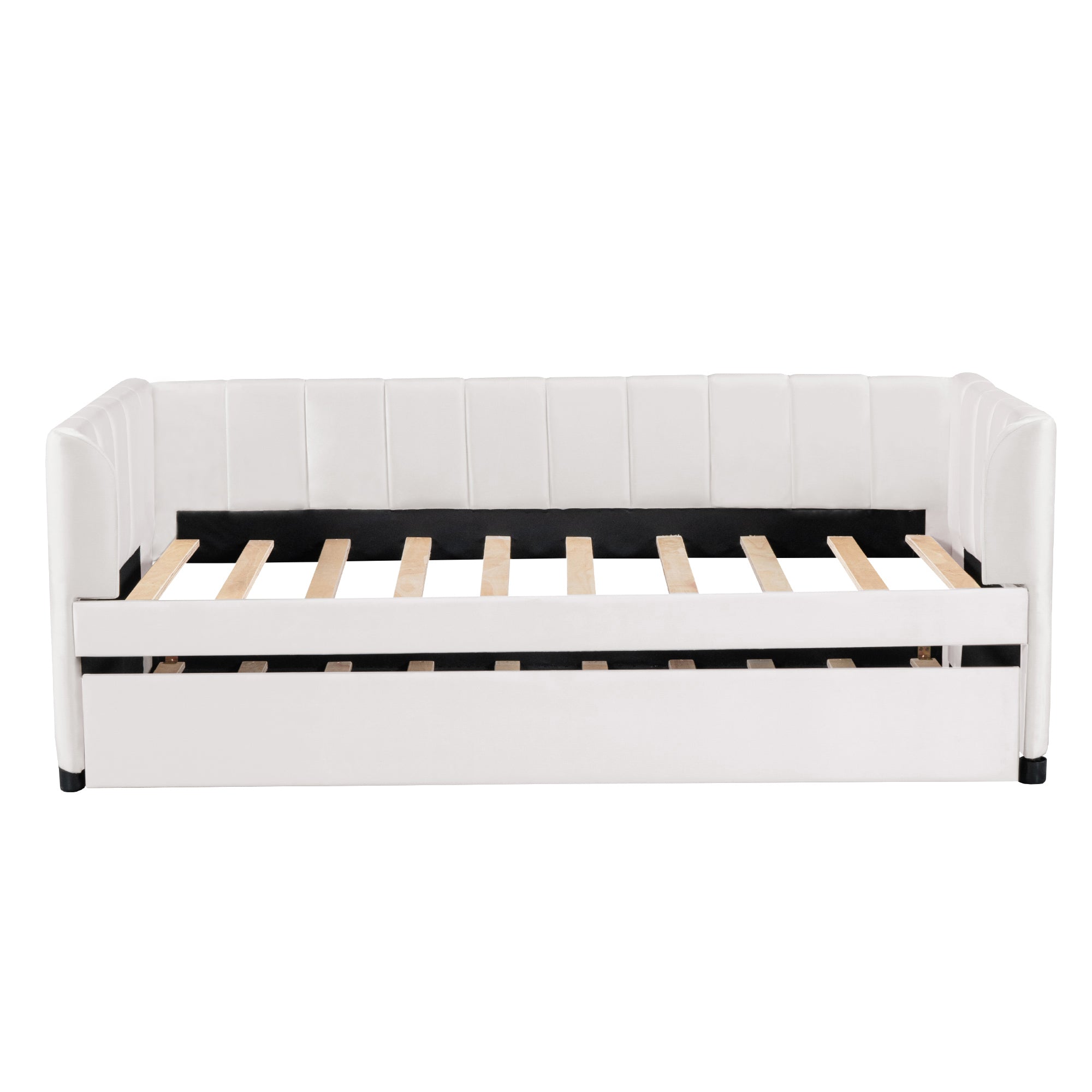 Twin Size Upholstered Daybed with Ergonomic Design Backrest and Trundle, Beige - Atlantic Fine Furniture Melbourne FL