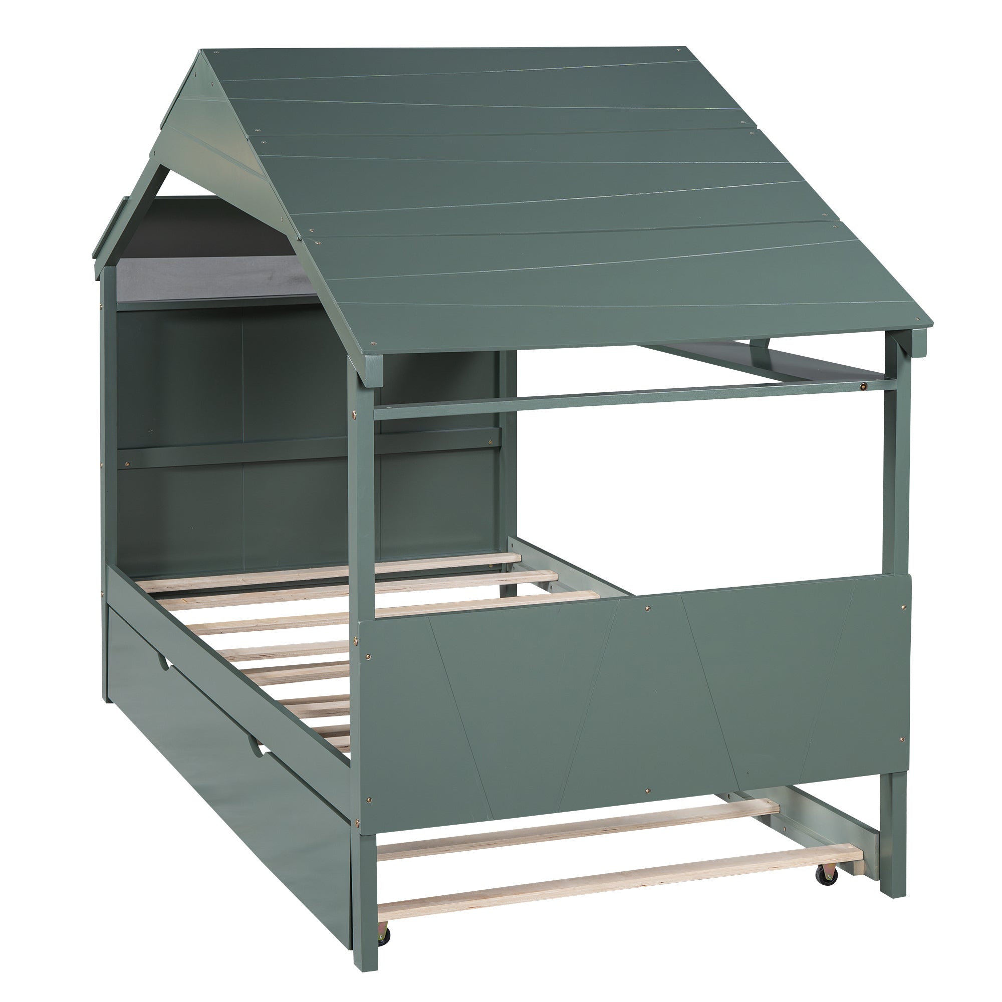 Wood Twin Size House Bed with Trundle and Storage, Green - Atlantic Fine Furniture Melbourne FL