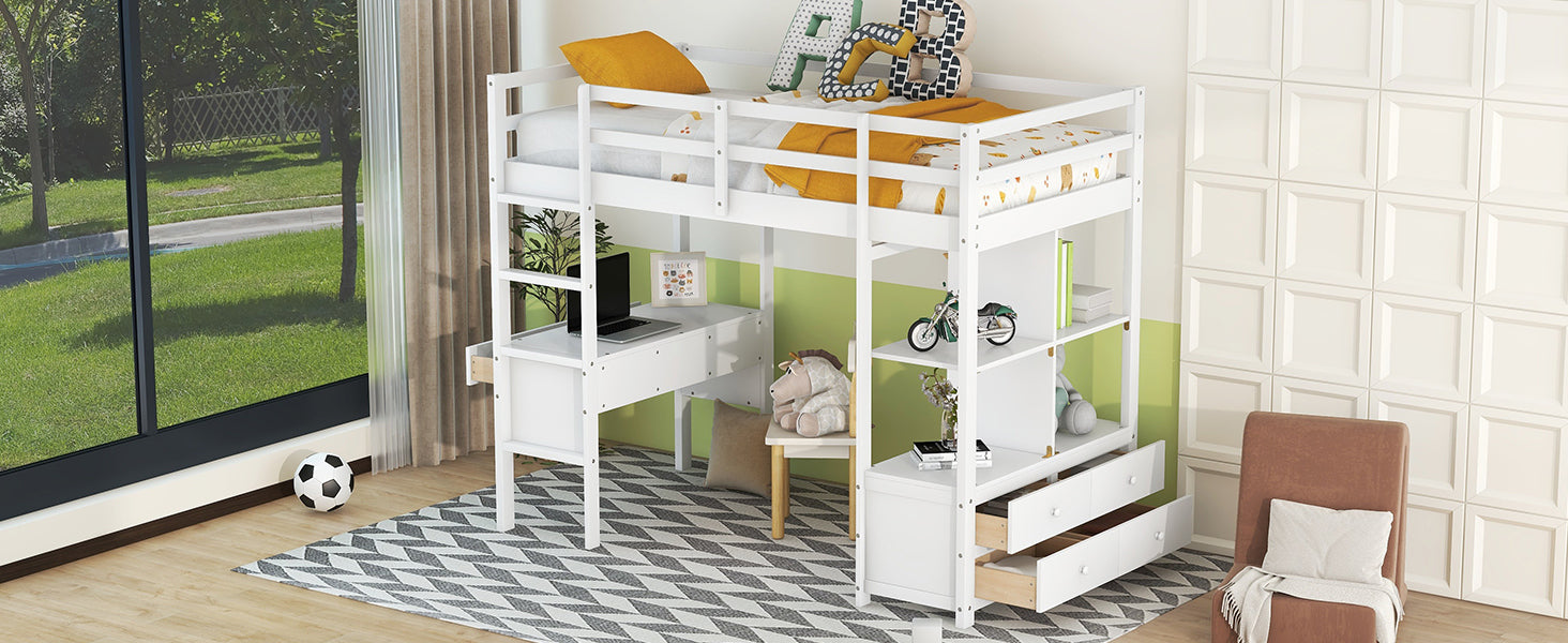 Twin  Size Loft Bed with Built-in Desk with Two Drawers, and Storage Shelves and Drawers,White - Atlantic Fine Furniture Melbourne FL