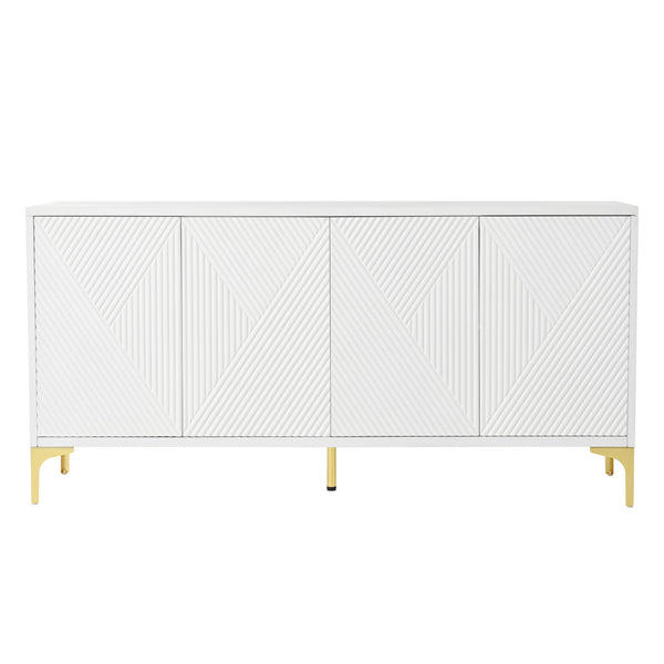 Modern Wood Sideboard Cabinet With Carved Door Panels, Adjustable Shelves, And Sturdy Metal Legs