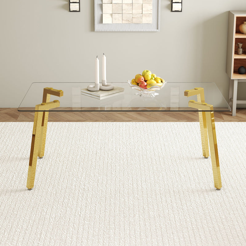 Minimalist Rectangular Dining Table With Transparent Glass Top And Metal Legs