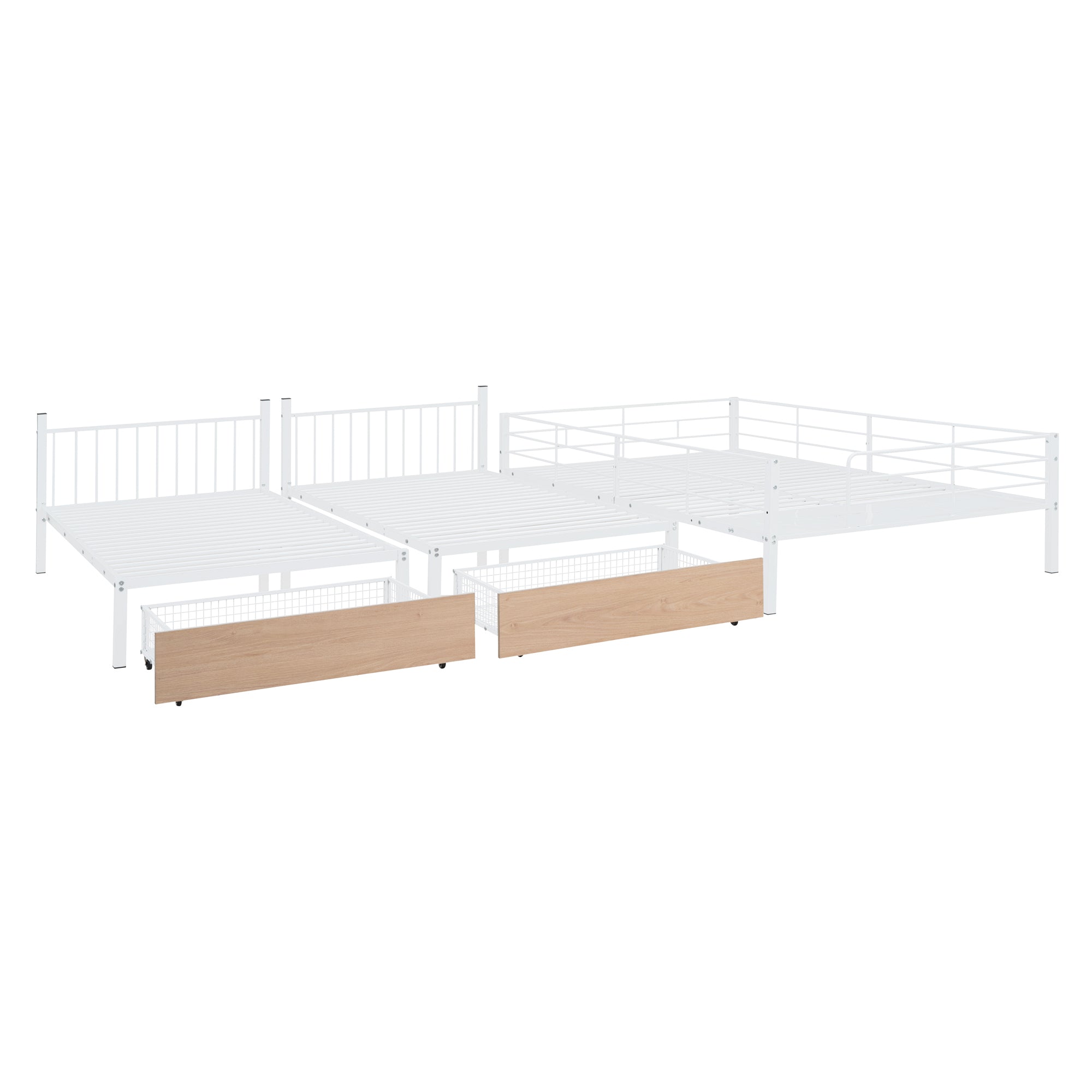 Full Over Twin & Twin Triple Bunk Bed with Drawers, Multi-functional Metal Frame Bed with desks and shelves in the middle, White - Atlantic Fine Furniture Melbourne FL