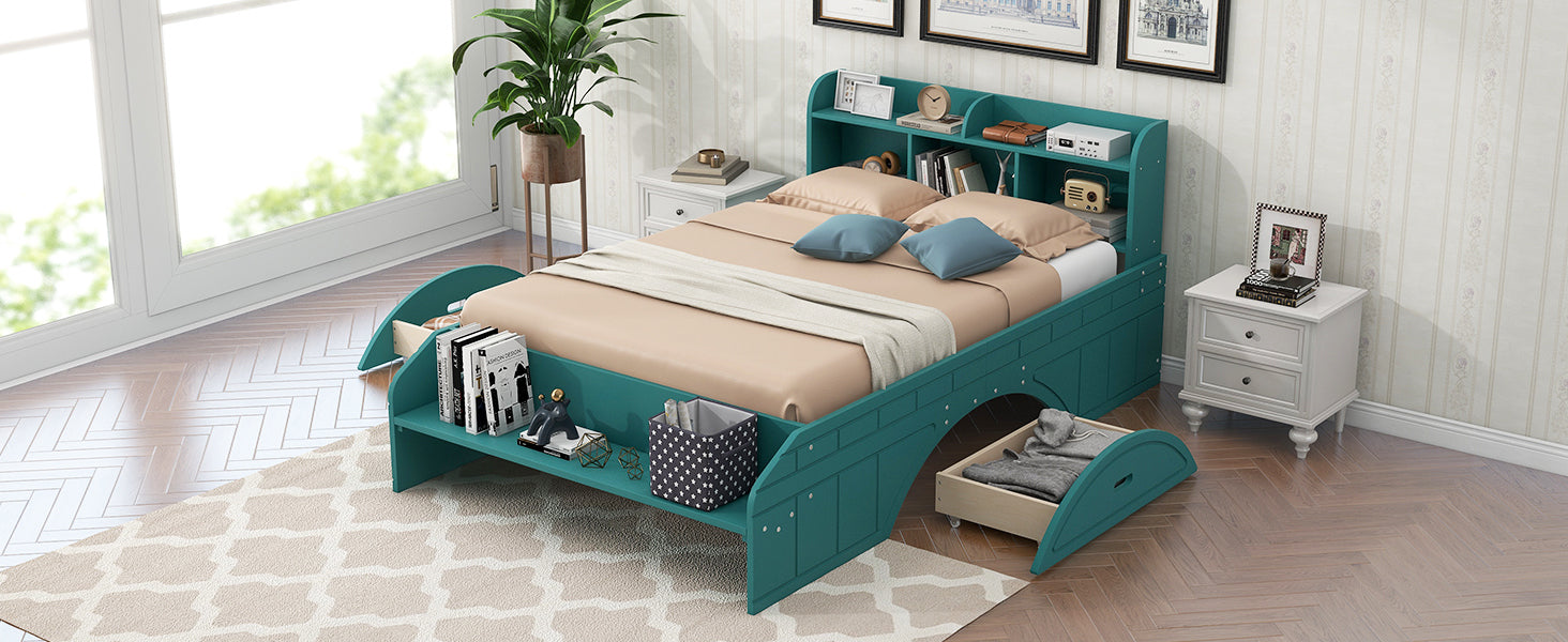 Wood Full Size Platform Bed with 2 Drawers, Storage  Headboard and Footboard, Dark Green - Atlantic Fine Furniture Melbourne FL