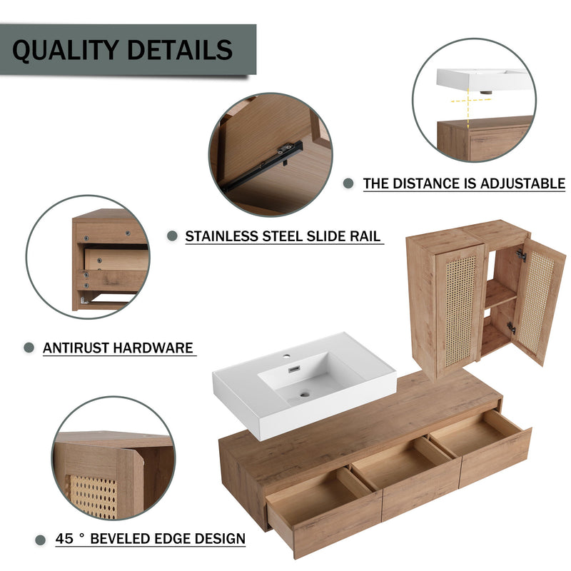 Modern Wall Mounted Bathroom Vanity With Resin Sink And 2 Side Cabinet, Imitative , Construction - Imitative Oak