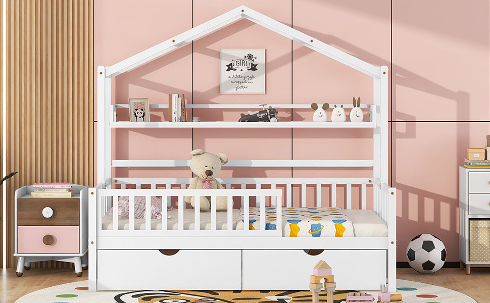 Wooden Twin Size House Bed with 2 Drawers,Kids Bed with Storage Shelf, White - Atlantic Fine Furniture Melbourne FL