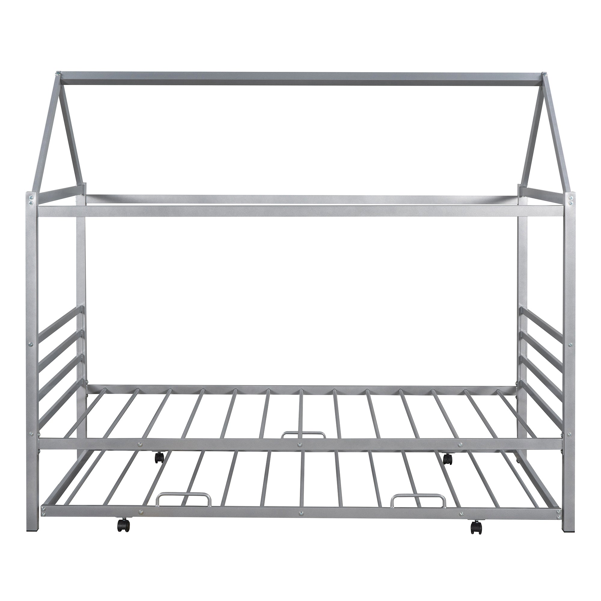 Twin Size Metal House Shape Platform Bed with Trundle,Silver - Atlantic Fine Furniture Melbourne FL