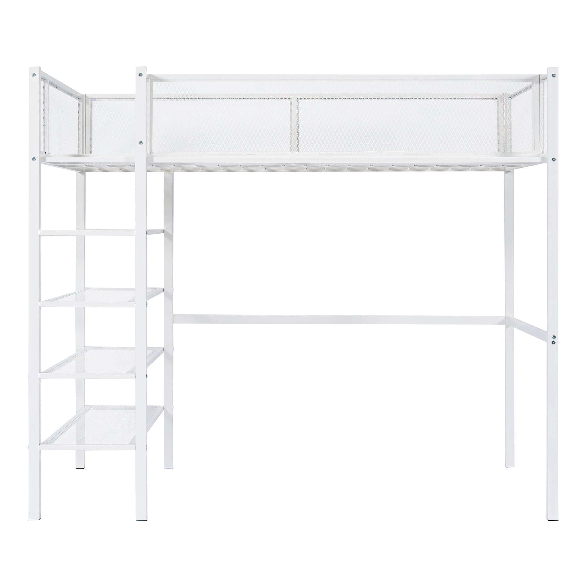 Twin Size Metal Loft Bed with 4-Tier Shelves and Storage, White - Atlantic Fine Furniture Melbourne FL
