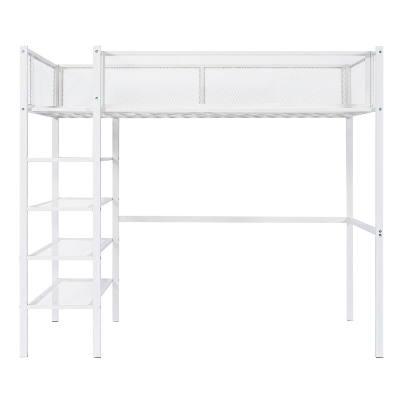 Twin Size Metal Loft Bed with 4-Tier Shelves and Storage, White