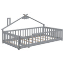 Twin House-Shaped Bedside Floor Bed with Guardrails, Slats, with Door,Grey