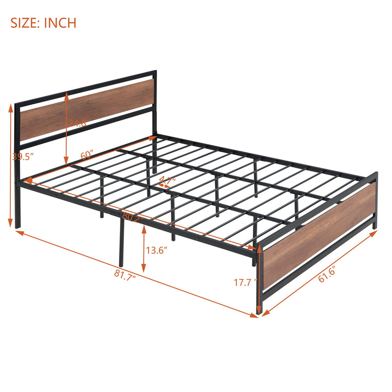 Platform Bed, Metal And Wood Bed Frame With Headboard And Footboard