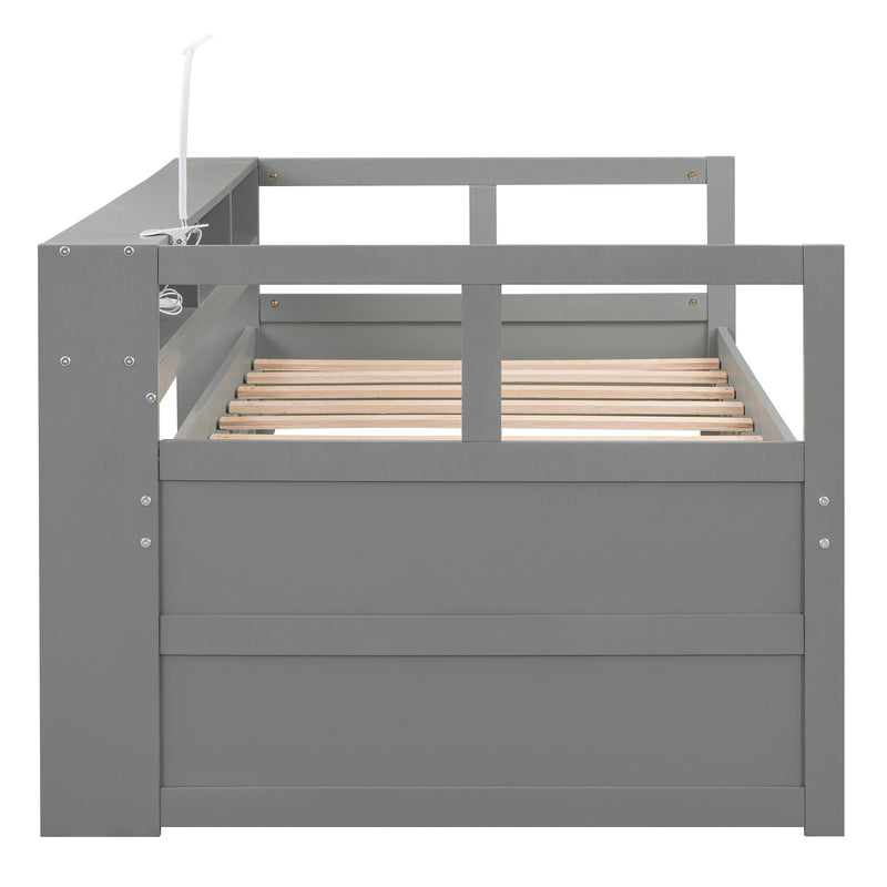 Twin XL Wood Daybed with 2 Trundles, 3 Storage Cubbies, 1 Light for Free and USB Charging Design, Gray