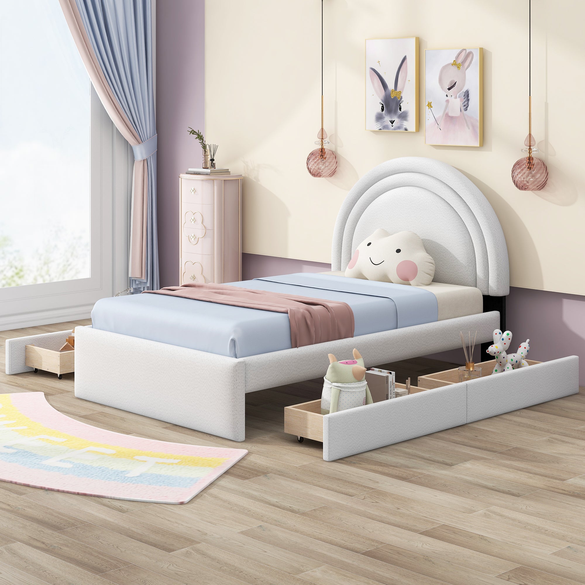Teddy Upholstered Platform Bed With Four drawers, Twin, White - Atlantic Fine Furniture Melbourne FL