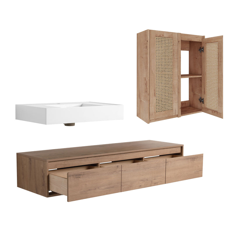 Modern Wall Mounted Bathroom Vanity With Resin Sink And 2 Side Cabinet, Imitative , Construction - Imitative Oak